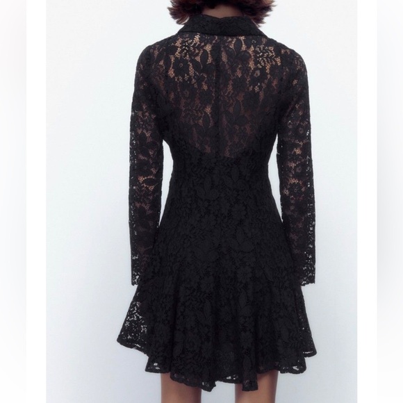 Zara XS Black Lace Collared Mini Shirt Dress Gold Buttons Party - Picture 3 of 9